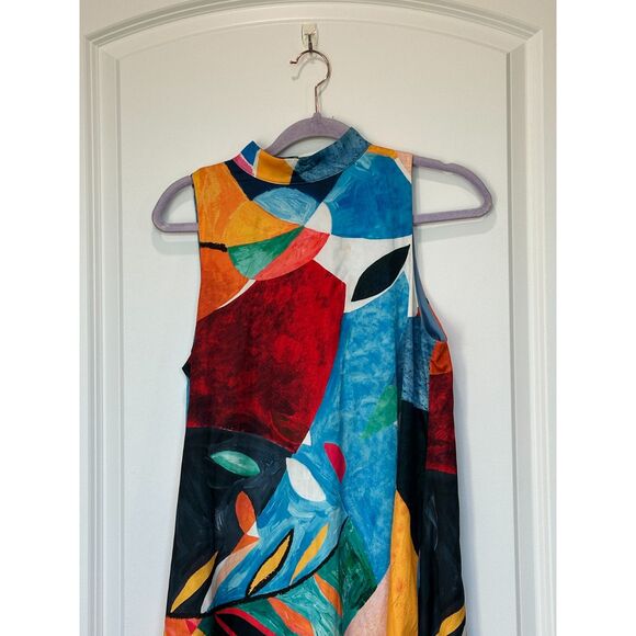 Nicole Miller Watercolor Abstract Satin High Neck Maxi Dress Size Small - Picture 4 of 8